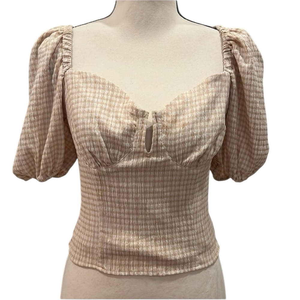 ASTR The Label Daydreamer Beige Gingham Smocked Shirt Puff Sleeve Size Small